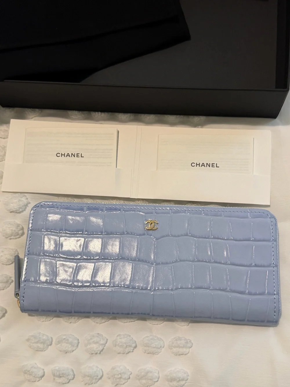 CHANEL Croc Embossed Zip Around Long Wallet Lilac Lavender Brand New with Box